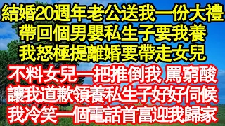 結婚20週年老公送我一份大禮，帶回個男嬰私生子要我養，我怒極提離婚要帶走女兒，不料女兒一把推倒我罵窮酸，讓我道歉再領養私生子好好伺候，我冷笑一個電話首富迎我歸家 真情故事會||老年故事||情感需求