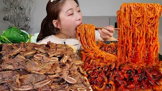 ASMR 새벽에 매콤한 낙지볶음 소면 넣어서 LA갈비 리얼먹방 :) Spicy stir-fried octopus, Grilled beef sauce MUKBANG