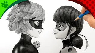 Drawing Miraculous🐞Ladybug & Catnoir together from disney. step by step with pencil sketch
