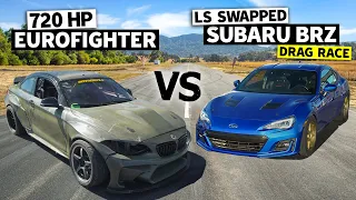 Drag Racing Subaru BRZ vs Retired Formula Drift BMW F22 Eurofighter // THIS vs THAT