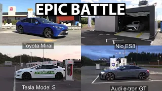 Toyota Mirai refueling hydrogen vs Nio battery swap, Tesla supercharging and Audi on Ionity