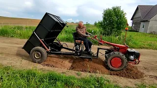 Прицеп для мотоблока с гидроподъёмом.  Вывоз и разравнивание грунта-2021.07