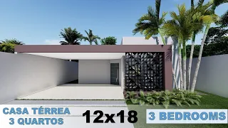 Projeto de Casa Térrea 3 Quartos com Piscina e Churrasqueira (12x18) 3 Bedrooms Pool House Plan