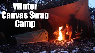 Winter Overnight Camp in a Canvas Swag.  Campfire Cooking.  Groat Pudding. Lockdown Camping.