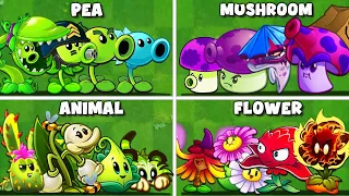 PvZ2 4 Team Plant PEA x ANIMAL x FLOWER x MUSHROOM vs Team Zombie - Who Will Win?