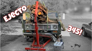 PULLING THE DONOR ENGINE from the 75 International 200 Dump Truck