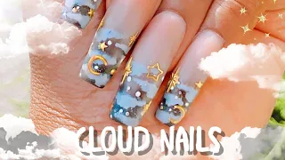 SUPER EASY FALL NAIL ART! DIY CLOUD NAILS NIGHT SKY☁️BUILDER GEL BLACK OMBRÉ ( FOR BEGINNERS)