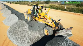 Full Activities Grader Spreading Gravel Installing Foundation New Roads Techniques Operator Skills