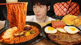 ASMR MUKBANG TOFU FIRE NOODLES, Giant Chicken patties, SPAM, EGG, recipe ! Korean food eating