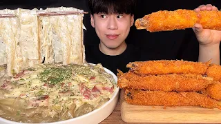 SUB)chinese wide glass noodles cream pasta & fried shrimp eating show│Korean mukbang asmr