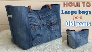 how to sew a denim tote bags tutorial .sewing diy large bags from old jeans.diy Levi's jeans