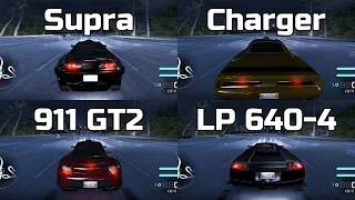 Supra vs Charger RT vs 911 GT2 vs Murcielago LP 640-4 - Need for Speed Carbon (Drag Race)