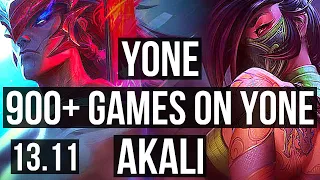 YONE vs AKALI (MID) | 11/1/7, 900+ games, Legendary | KR Master | 13.11