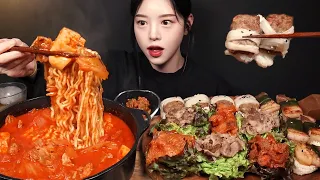 Spicy Pork Kimchi Stew With Rib Patties, Pork Belly, And Spicy Pork Rice Wraps Korean Style Mukbang