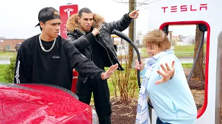 Crazy Lady follows us and ATTACKS our Tesla!