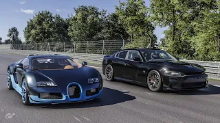 Gran Turismo 7 Drag race: Bugatti Veyron vs Dodge Charger Hellcat (950hp)