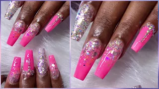 Acrylic Nails Tutorial | Watch Me Work | Pink Glitter Ombré Coffin Nails