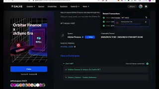 Orbiter finance X ZKsync Era Galxe NFT claim process, possible Airdrop criteria