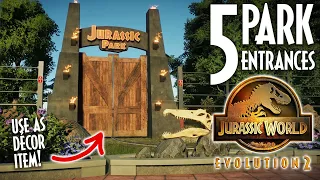 5X How to build beautiful PARK ENTRANCES | Jurassic World Evolution 2 tips