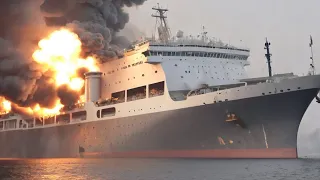 Terrifying Moment! Russian cargo ship carrying 100 tons of ammunition destroyed in Ukraine