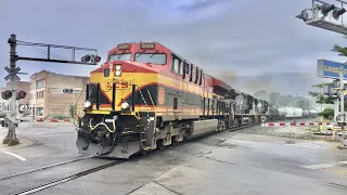 Train Works Hard Up Steep Grade & Sharp Curve, Kansas City Southern Leading NS New Castle Indiana