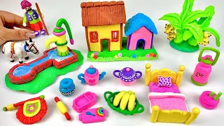 DIY How to make polymer clay miniature house, kitchen set, Hand Pump, cow, doll, tree | Dolliyon