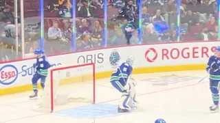 Thatcher Demko warming up during the Sharks @ Canucks hockey game