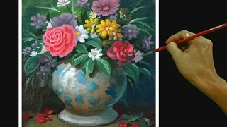 Acrylic Painting Tutorial Still Life with Flowers on Flower Vase Easy and Basic for Beginners