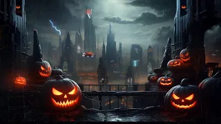 Halloween Ambience In This Futuristic City View | Heavy Rain & Thunderstorm Halloween Sounds 🌧️