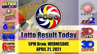 Swertres|3D and EZ2|2D Lotto 5PM Draw, Wednesday, April 21, 2021