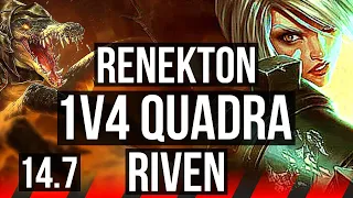 RENEKTON vs RIVEN (TOP) | 1v4 Quadra, 11 solo kills, Dominating | JP Diamond | 14.7