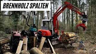 Brennholzproduktion, Holzspalten und bündeln. IHC 353 mit HMG Holzspalter und Bagger mit Bündelgerät