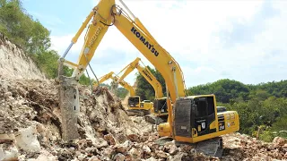 Limestone Road Digging Construction With Excavators Trucks And Bulldozer