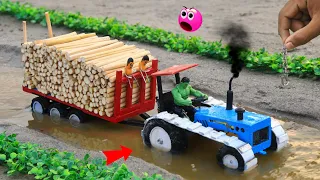 Homemade mini tractor heavy trolley stuck in mud with firewood @sanocreator