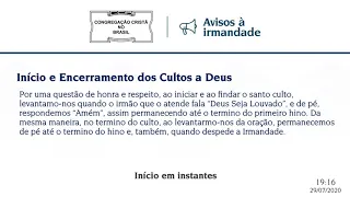 Culto Online CCB 29/07 2020 - 20:00 - Brás