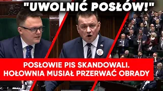 Posłowie PiS skandowali "uwolnić posłów!". Hołownia musiał zarządzić przerwę