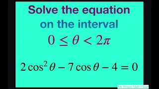 Solve the Trig equation 2 cos^2 x - 7 cos x -4 = 0 on the interval [0, 2pi)