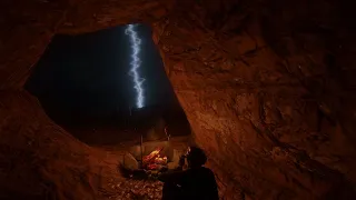 Shelter From The Lightning Storm By The Campfire In A Cave | RDR2 ASMR