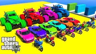 GTA V Epic New Stunt Race with Spider Man, Spider Shark and Motorcycles