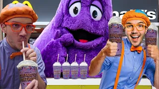 Blippi Fun World Try Grimace Shake Challenge In Real Life