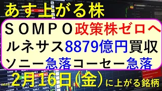 あす上がる株　2024年２月１６日（金）に上がる銘柄　～最新の日本株での株式投資。初心者でも。ルネサス、SOMPO。トレンドマイクロ、サントリー、ピジョンの決算速報 ～