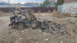 Первые испытания мини погрузчика с гидрообъёмным рулевым и автомобильным сцеплением.