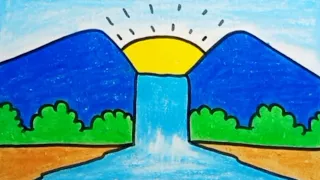 How To Draw Waterfall Scenery Beautiful And Nice For Kids |Drawing Scenery For Kids
