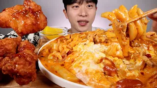 ASMR KOREAN MALA ROSE TTEOKBOKKI SWEET CHICKEN RICE BALL EATING SHOW