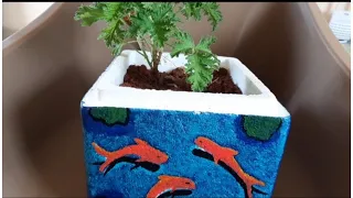 How to Reuse waste box| How to Convert Thermocol box into plant pot🤓|| 3D effect Fish painting