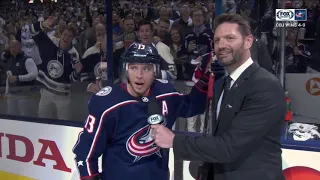 Cam Atkinson is fired up after the Blue Jackets' first Stanley Cup playoff series win
