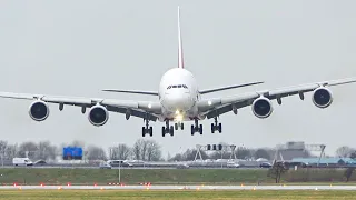 (4K) Four impressive landings of the Emirates A380 during STORM at Amsterdam airport Schiphol!