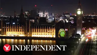 Liz Truss lettuce projected onto Westminster hours after prime minister’s resignation