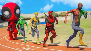 SpiderMan Army vs Deadpool Suits | Superheroes Marathon Run Challenge GTA V Ep.532