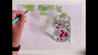 Как нарисовать стекло с водой и ягоды акварелью.